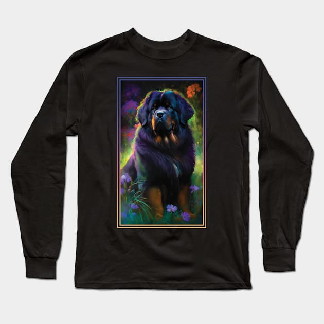 Tibetan Mastiff Dog Vibrant Tropical Flower Tall Digital Oil Painting Portrait 2 Long Sleeve T-Shirt by ArtHouseFlunky